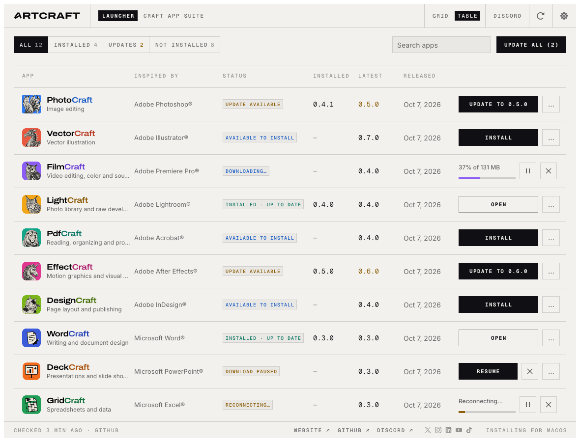 The same apps in the table view (light theme), with columns for what each app is inspired by, its status, installed and latest versions, and release date