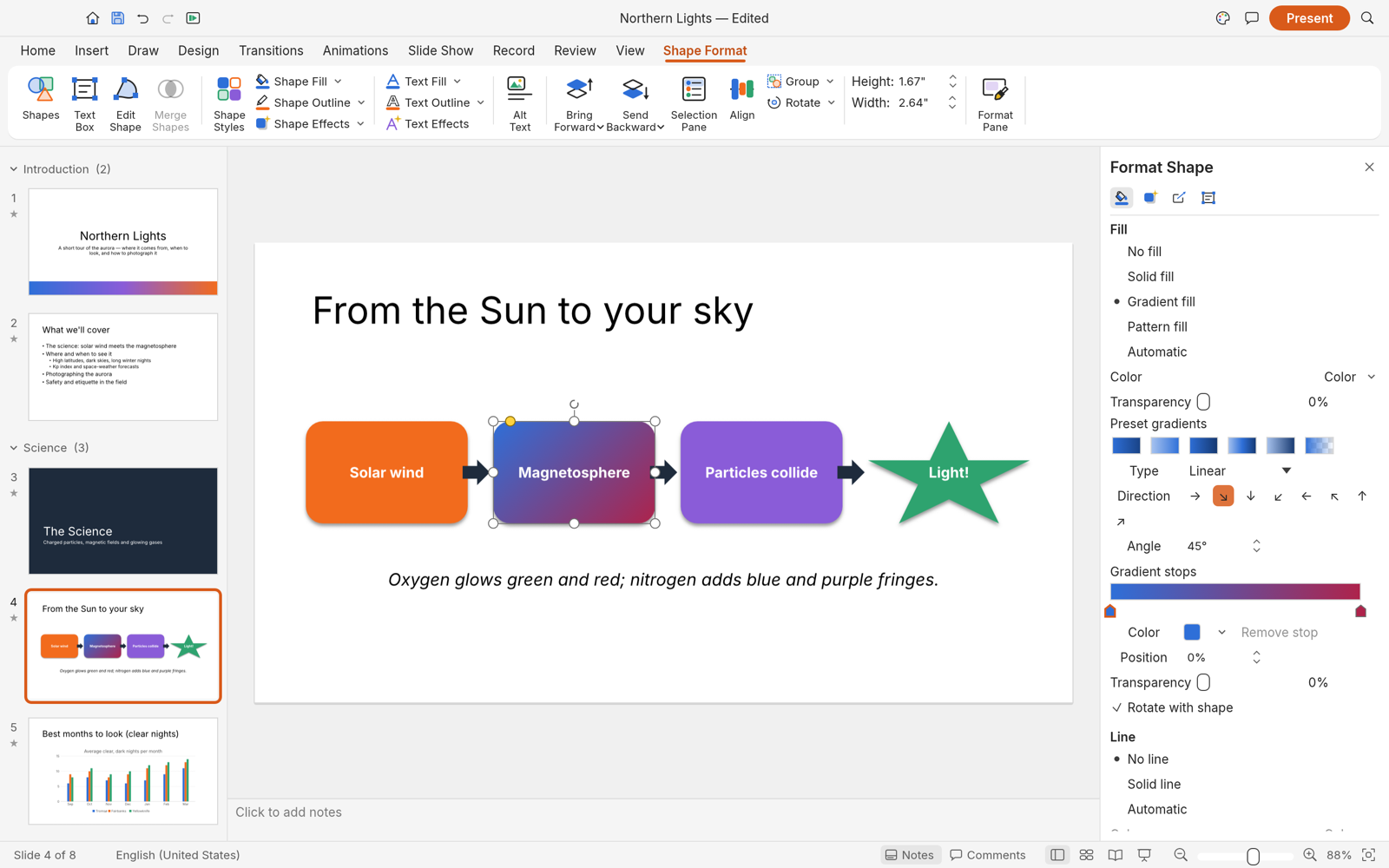 The Format Shape pane editing a gradient fill