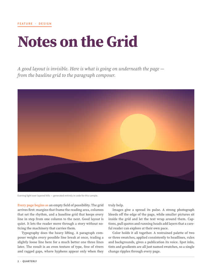 Feature opener titled Notes on the Grid, with an orange FEATURE · DESIGN kicker over a rule, an italic deck, a wide landscape picture with a small caption, and two columns of justified body text above a QUARTERLY folio