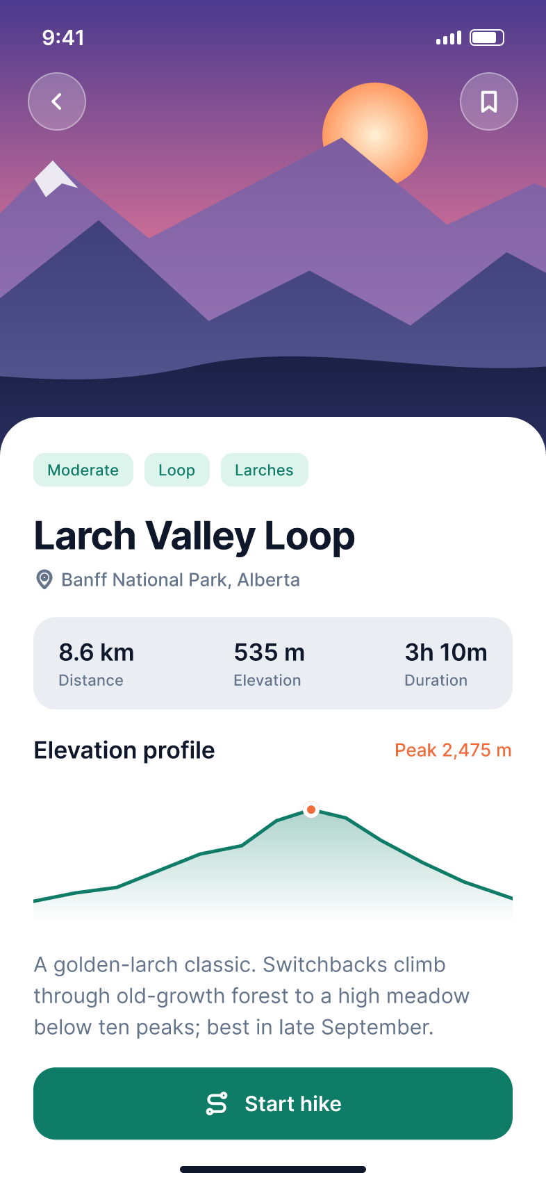 Ridgeline trail detail screen: a dusk mountain illustration with glass buttons, a sheet with difficulty tags, the trail name, distance, elevation and duration stats, an elevation profile chart and a Start hike button