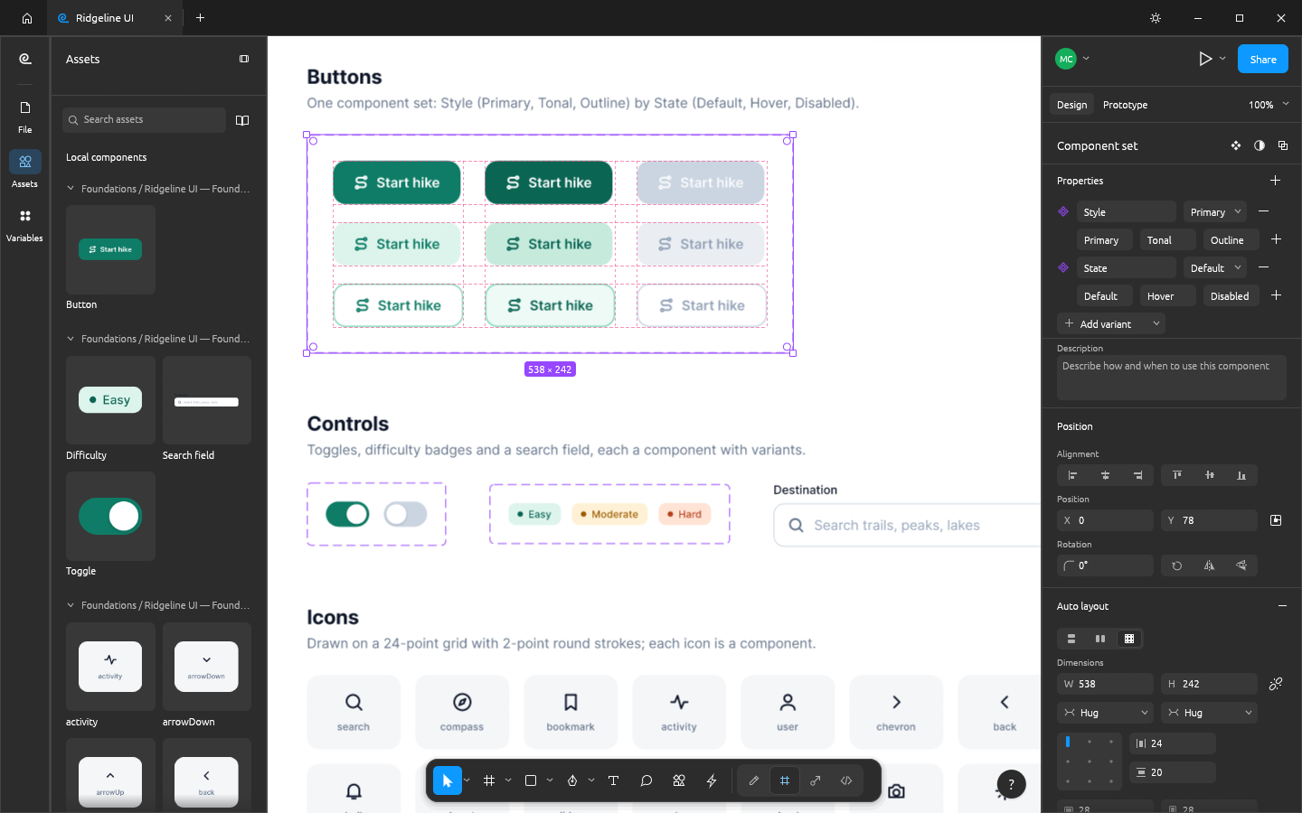 The Ridgeline UI design system open with the Assets panel on the left showing live thumbnails of the Button, Difficulty, Search field, Toggle and icon components; a Button component set of nine variants laid out in a three-by-three grid auto layout is selected, and the Design panel lists its Style (Primary, Tonal, Outline) and State (Default, Hover, Disabled) variant properties
