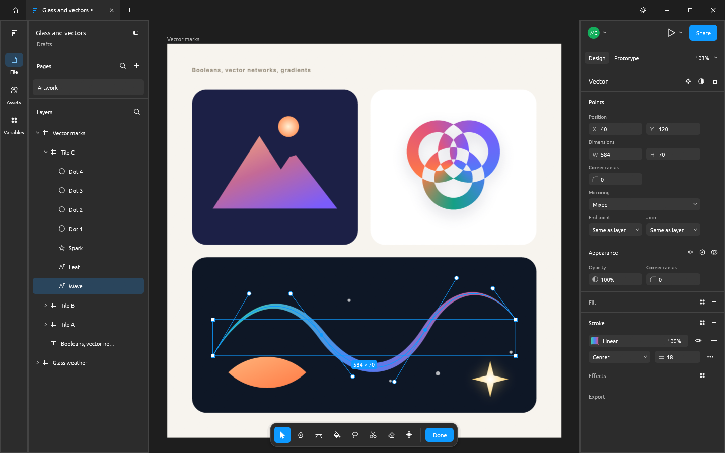 Vector edit mode on a wave path with a gradient, tapered variable-width stroke: its anchor points, Bezier handles and the transform box of the selected points are visible, with the vector edit toolbar at the bottom; above it are a boolean-built mountain mark and an angular-gradient knot of excluded rings