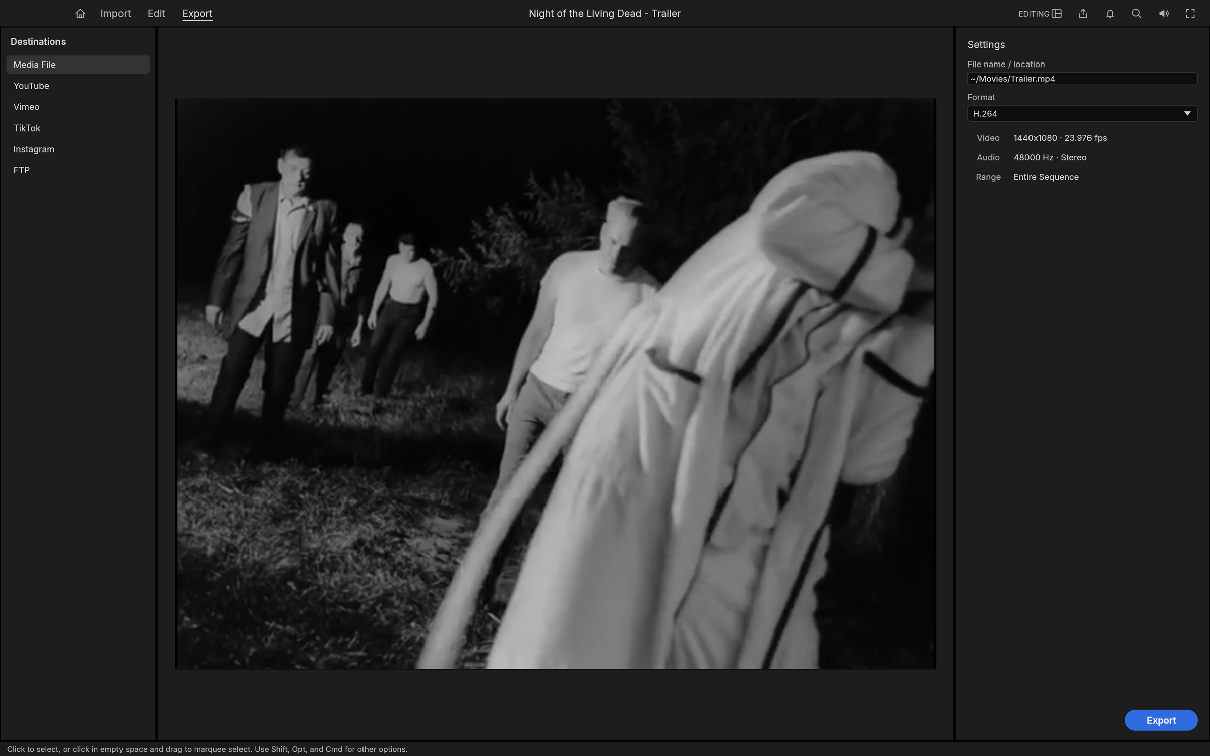 Export mode with H.264 MP4 settings