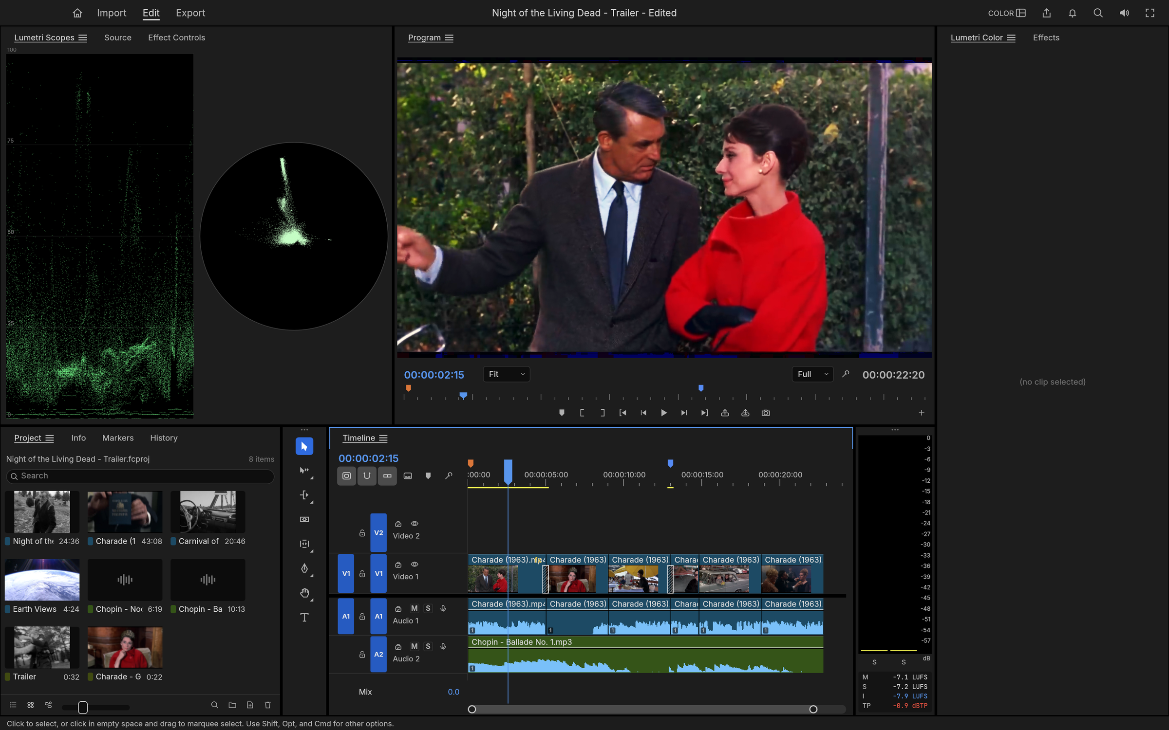 Color workspace: a Lumetri grade on Charade (1963) with curves, colour sliders, waveform and vectorscope
