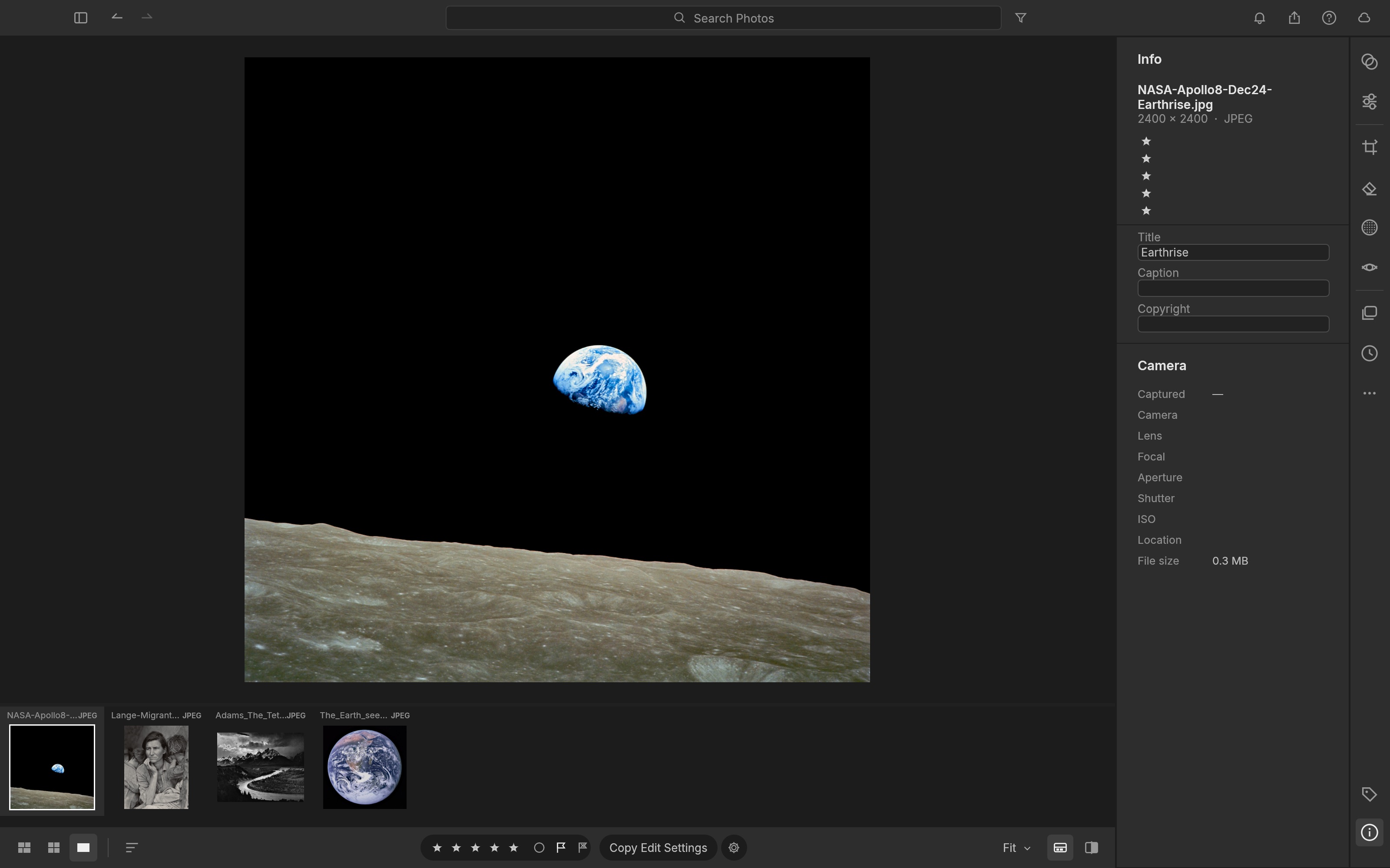 Info panel for Earthrise showing file name, 2400 by 2400 JPEG dimensions, rating, title field and camera metadata