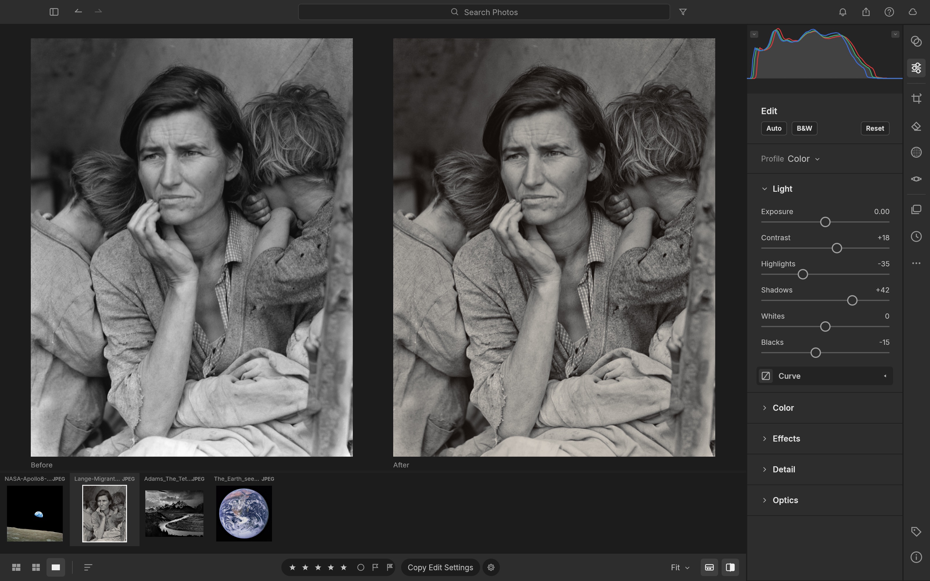 Side-by-side before and after of Migrant Mother: the after is warmer, with lifted shadows