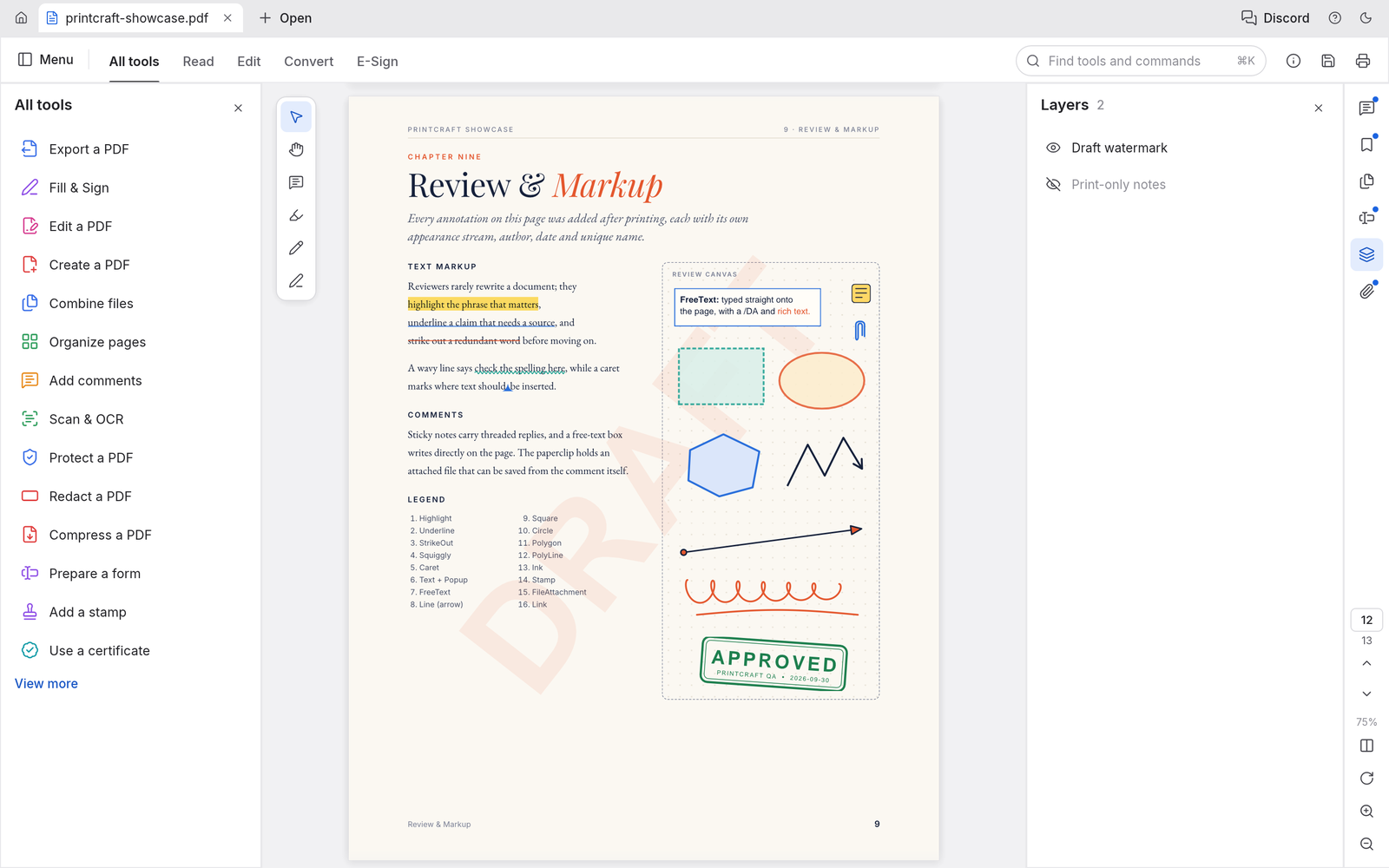 The Review and Markup page with highlights, shapes, ink and an APPROVED stamp under a DRAFT watermark, and the Layers panel with Draft watermark and Print-only notes