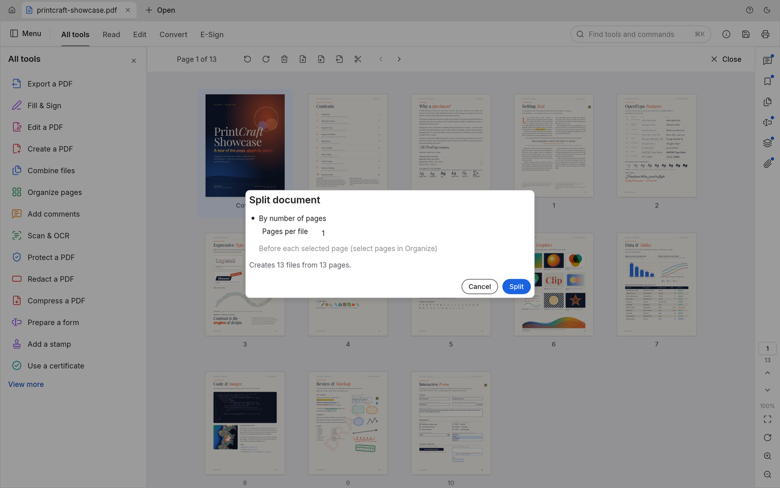 The Split document dialog over the organize view, set to one page per file and reporting that it creates 13 files from 13 pages