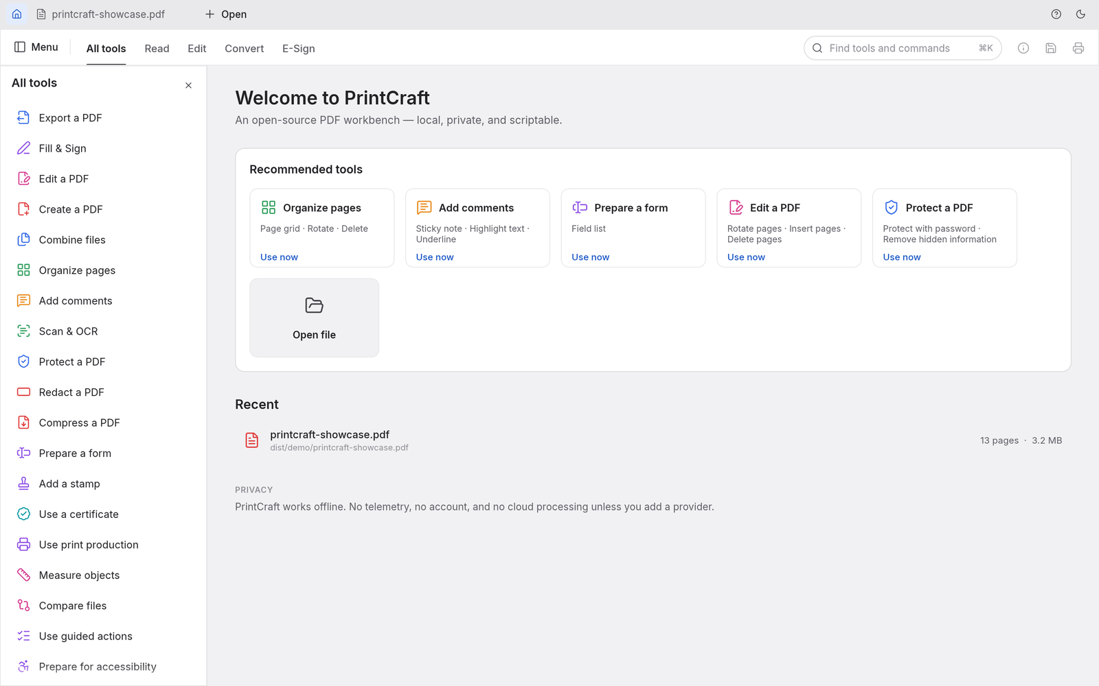 The Welcome to PrintCraft home screen with recommended tools, a recent file, a privacy note, and the full tool catalogue in the side panel