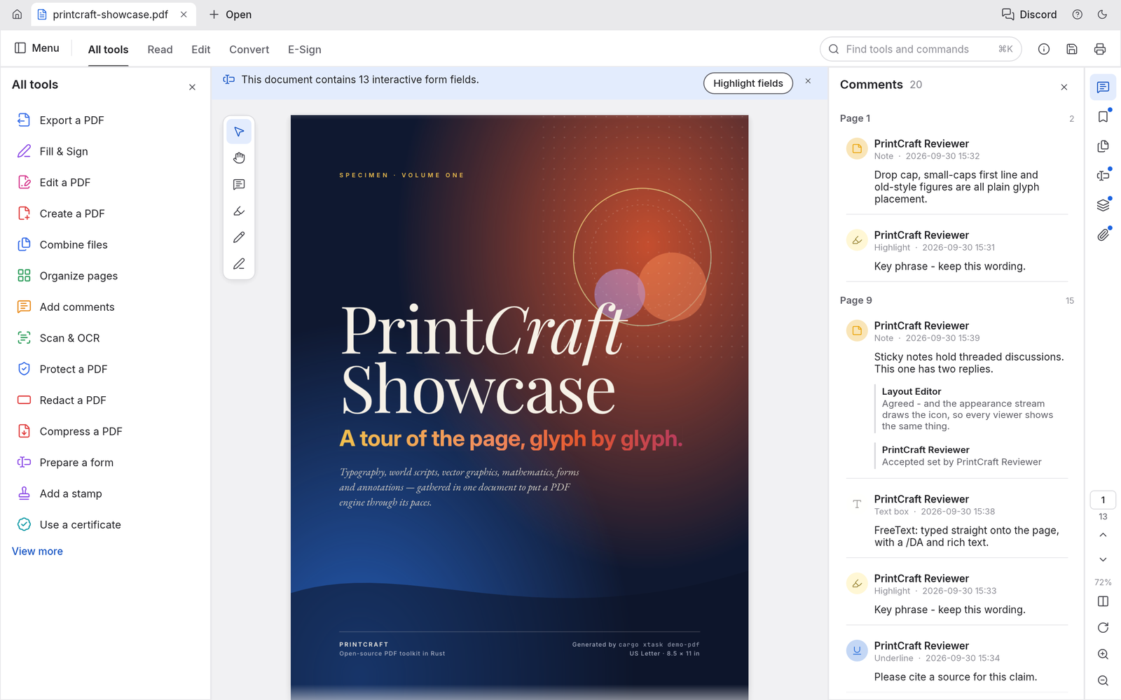PrintCraft with the PrintCraft Showcase cover page open, the All tools panel on the left and 20 threaded comments on the right