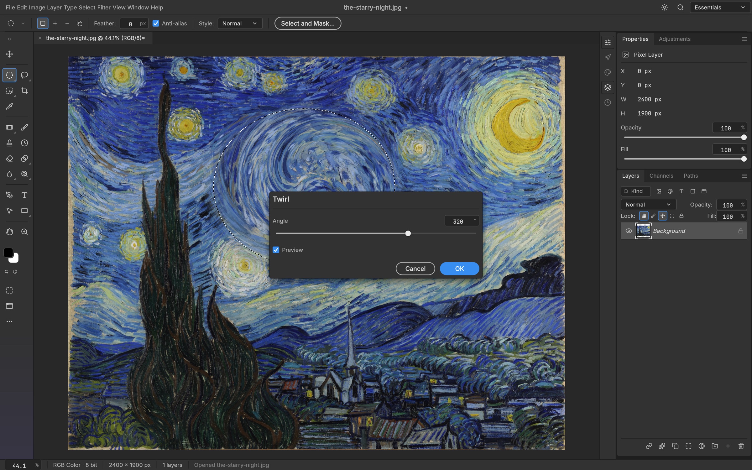 The Twirl filter dialog at a 320 degree angle, previewing live inside an elliptical selection on Van Gogh's The Starry Night