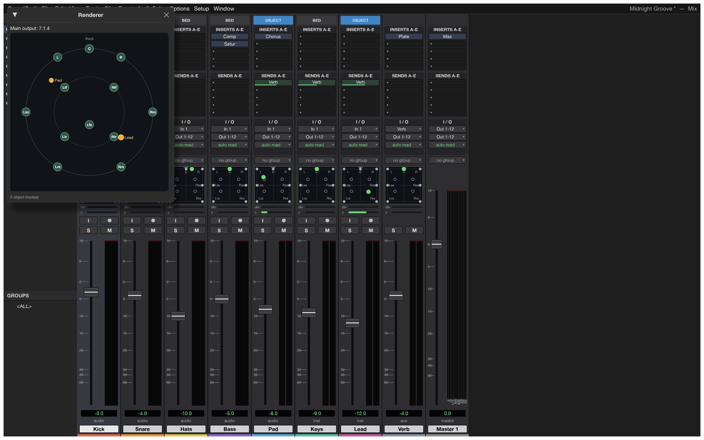 The Renderer window showing a 7.1.4 speaker layout with two object tracks, beside the Mix window with surround panners and Object/Bed buttons