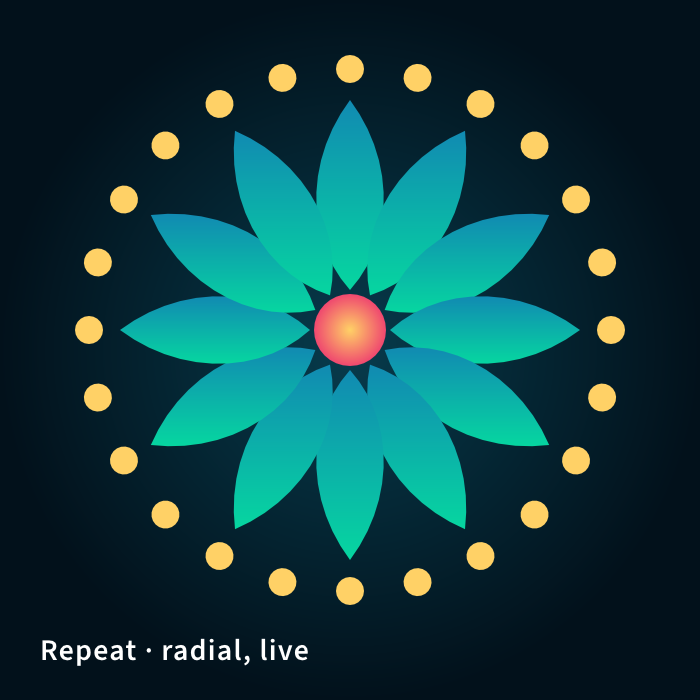 Radial Repeat mandala: teal petals around a coral center, ringed by yellow dots