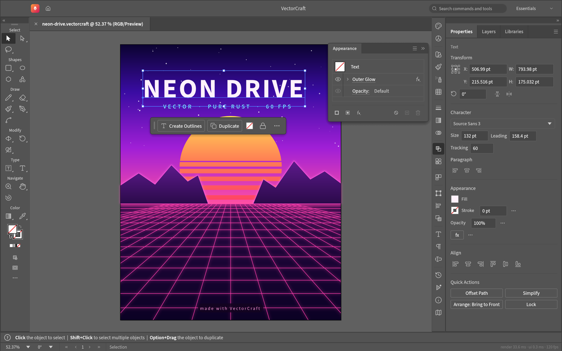 VectorCraft editing the Neon Drive poster: the title is selected, the Appearance panel shows its live Outer Glow, and the Properties panel shows its character settings