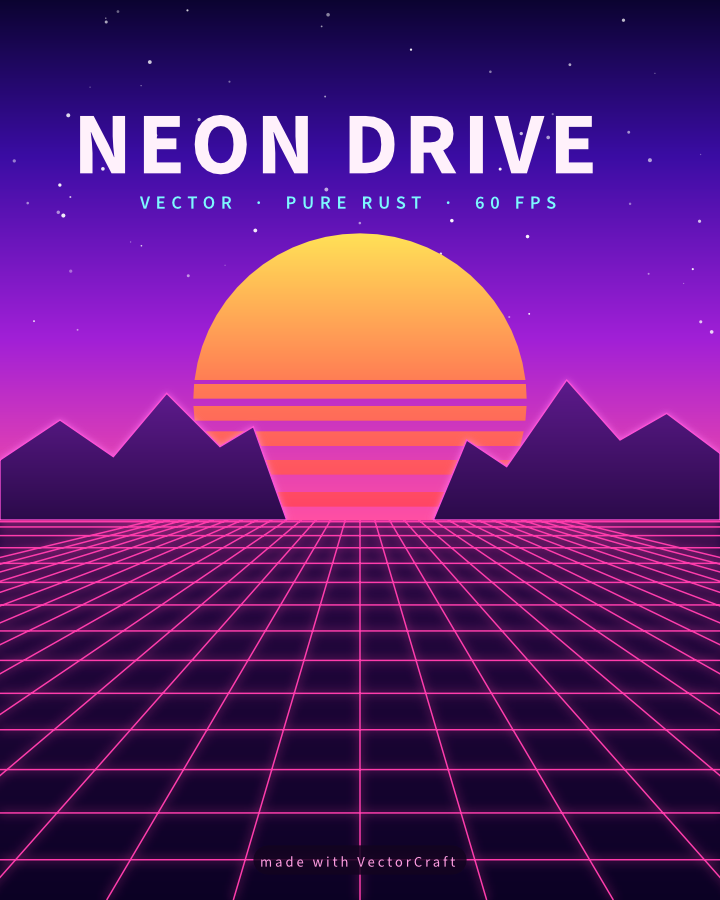 Neon Drive synthwave poster: a striped orange sun setting between purple mountains over a glowing pink grid