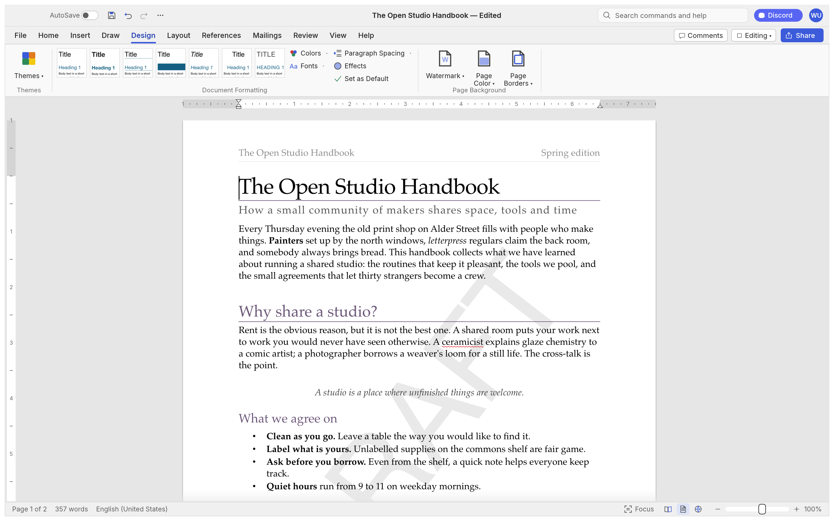 The Design tab showing style-set previews; the document is set in a serif theme with plum headings underlined by thin rules and a pale diagonal DRAFT watermark behind the text